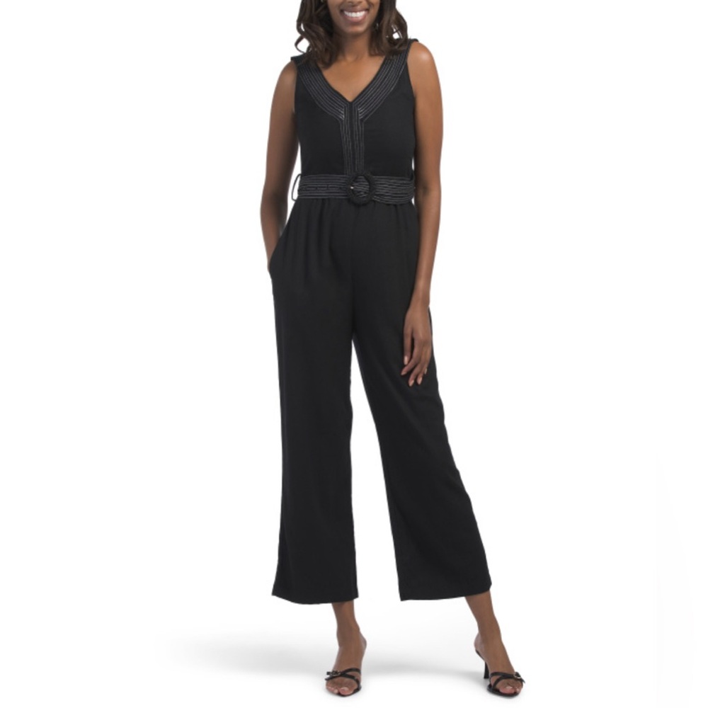 Tahari Linen Blend Jumpsuit with Belt